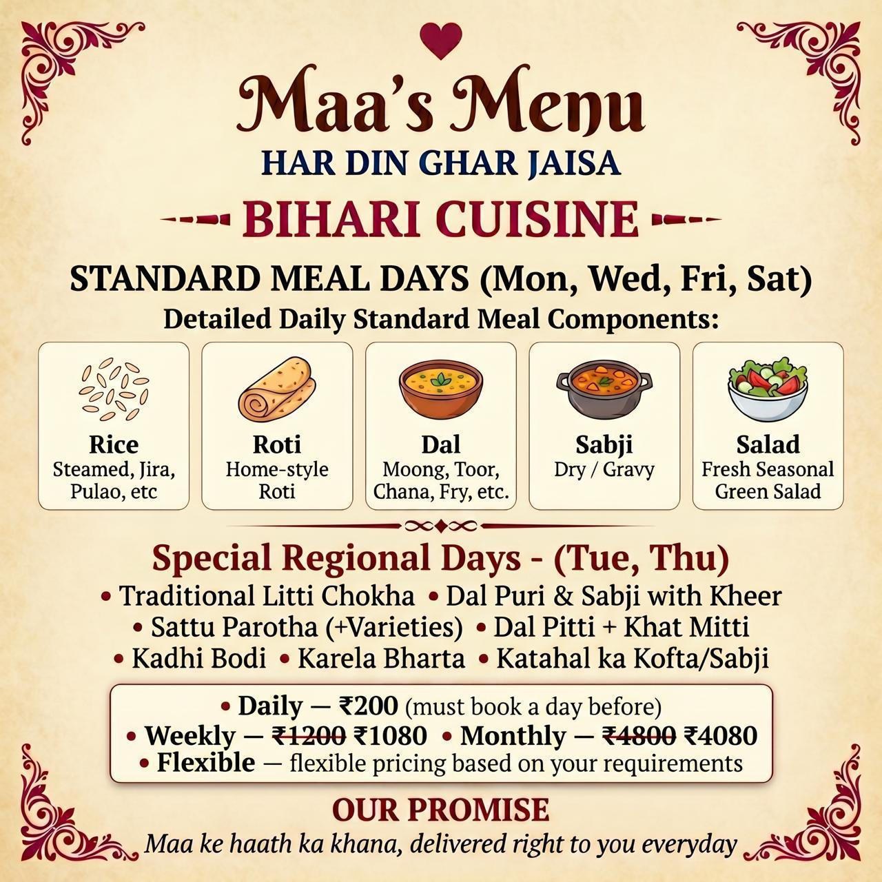 Bihari weekly menu card